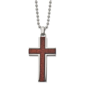 Black Bow Jewelry Men's Stainless Steel & Brown Wood Cross Necklace, 22 Inch - 1 of 3