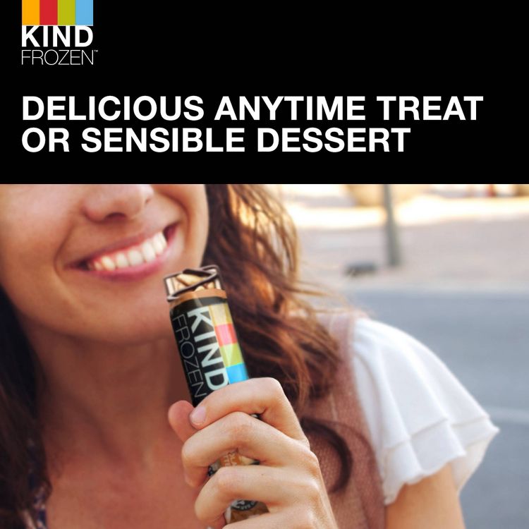 A person holding a KIND FROZEN treat with the text "DELICIOUS ANYTIME TREAT OR SENSIBLE DESSERT" above.