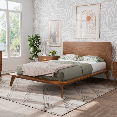 Walnut Full Wood Platform Bed with Headboard and Drawer