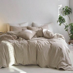 Striped Duvet Cover Set, 100 Washed Cotton, Linen - Like, Breathable, Durable, Soft, Tannish Linen Grey White Stripes, King 104x90 - 1 of 4