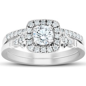 Pompeii3 .75 Ct Cushion Halo Diamond Engagement Wedding Ring Set 14k White Gold Lab Created - Size 7 - 1 of 4