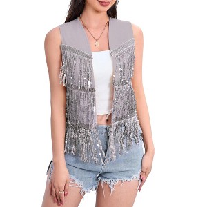 Coolmee Women's Sequin Fringe Vest 70s Denim Party Prom Rave Hippie Sleeveless Loose Costume - 1 of 4