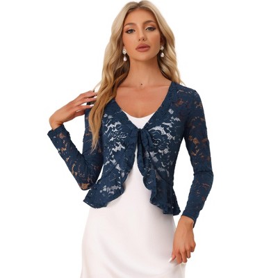 Allegra K Women's Elegant 3/4 Sleeve Sheer Floral Lace Shrug Cobalt Blue  Small : Target