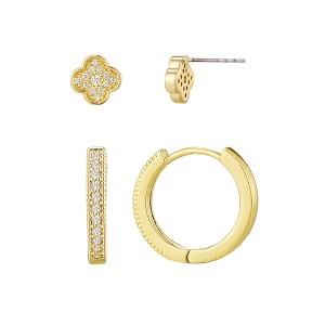 Adornia 14k Gold Plated CZ Huggie and Clover Stud Set - 1 of 4