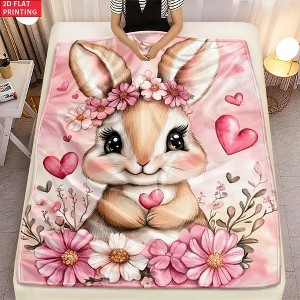 0621-3DOUBLE BLANKET / HARE ダブルブランケット / Lomsoe 1pc Easter Patterned Blanket Flat Bunny Flowers Blanket