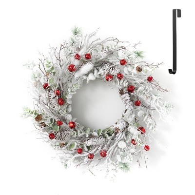 Sullivans Artificial Flocked Pine 24"H Wreath and 14"H Hanger Set, White and Black