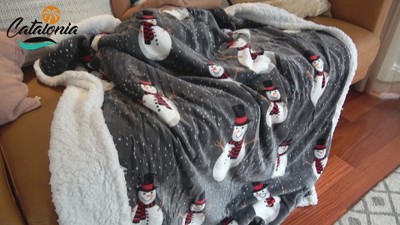 Catalonia Snowman Holiday Theme Sherpa Fleece Throw Blanket, 50x60 inches