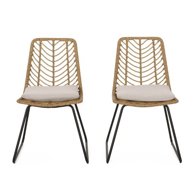 GDFStudio Azlee Outdoor Rattan and Iron Dining Chairs with Loop Legs (Set of 2), Beige/Light Brown