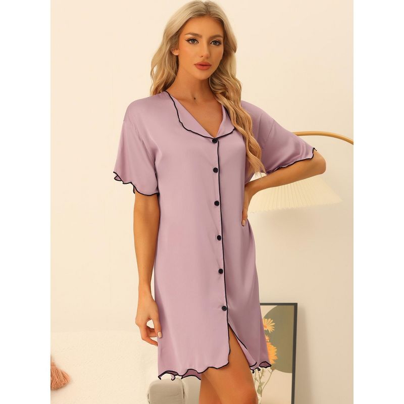 cheibear Women's Satin Short Sleeve Sleepshirt Button Down Pajama Nightgown, 2 of 6