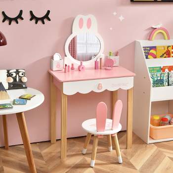 Costway Kids Vanity Set Rabbit Makeup Dressing Table Chair Set W/ Mirror Drawer White\Pink