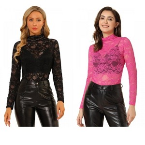 INSPIRE CHIC Women's See-Through Long Sleeve Turtleneck Sheer Floral Lace Blouse 2 Packs - 1 of 4