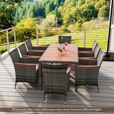 9-Piece Acacia Wood and Rattan Outdoor Dining Set with Cushions