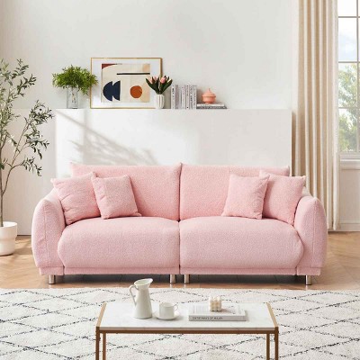 3-Seater Teddy Fleece Sofa, Compact Design Sofa with Modern Metal Legs and Throw Pillows, Sofa with Sponge Filling Cushions-Coolbibila