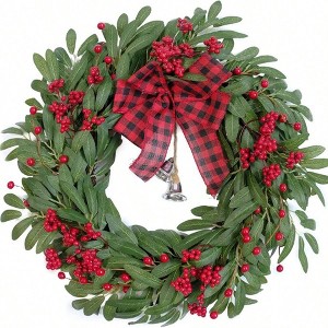 Olive Wreath Front Door Red Berry Decoration Winter Bowknot Leaves Wreath with Red Berry and Jingle Bell Farmhouse Front Door - 1 of 4
