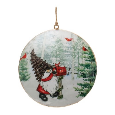 Festive Green and Red Metal Gnome Disc Ornaments Set