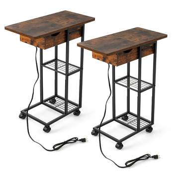 Tangkula 2PCS C-Shaped End Side Sofa Table Nightstand Flip-Up Top w/ Charging Station & Wheels