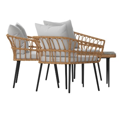 Gray and Natural Wicker Rattan 4-Piece Patio Conversation Set with Glass Table