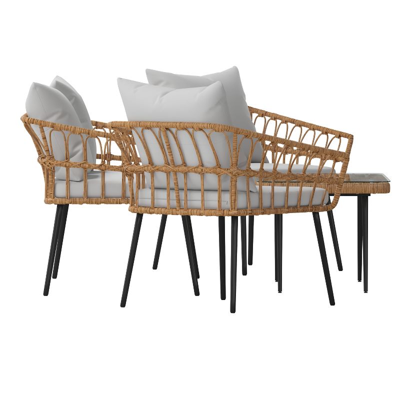 Emma and Oliver Four Piece Indoor/Outdoor Boho Open Weave Natural Rattan Rope Patio Set with Two Chairs, Loveseat and Table with Cushions, 3 of 14