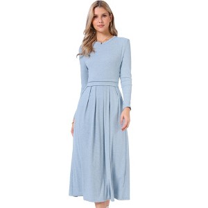INSPIRE CHIC Women's High Waist Pleated Front Long Sleeve A-Line Ribbed Knitted Maxi Sweater Dress - 1 of 4