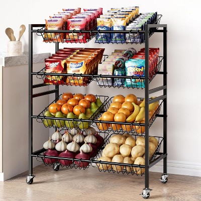 25.2''W Snack Cart, 4 Tier Kitchen Cart, Fruit Basket Stand, with 8 Stackable Wire Baskets