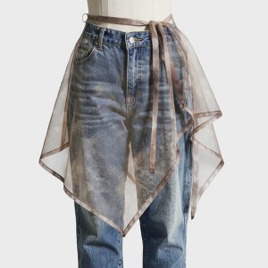 Anna-Kaci Women's Sheer Organza Overlay Wrap Skirt with Asymmetrical Hem and Tie Waist 17.7x59in - Beige - 1 of 3