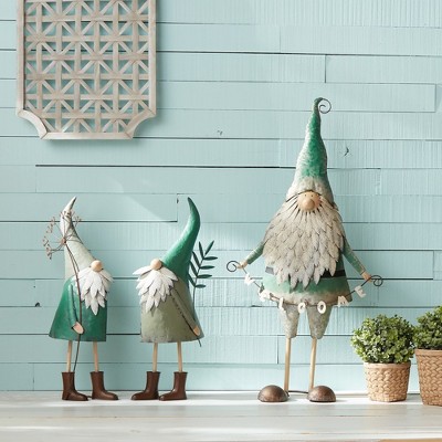 Teal Iron Garden Gnomes with Flowers, Set of 2