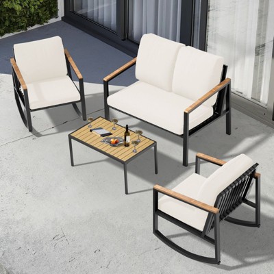 4-Piece Metal Outdoor  Patio Conversation Set with Cushions, 2-Rocking Chairs and Coffee Table