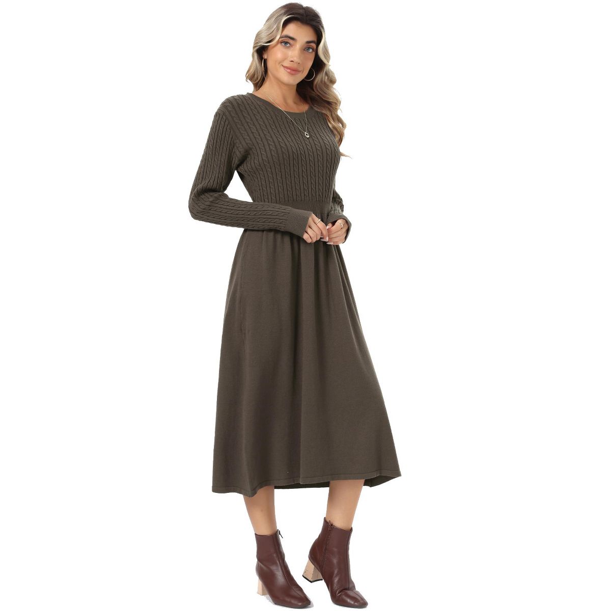 INSPIRE CHIC Women's Round Neck Long Sleeves Cable Knit Sweater Fall Winter A-Line Midi Dress Large Coffee