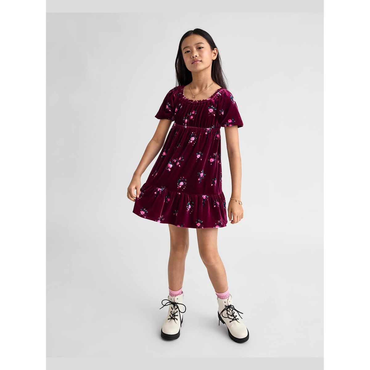 The Children's Place Girls Three Quarter Sleeve Floral Velour Babydoll Dress