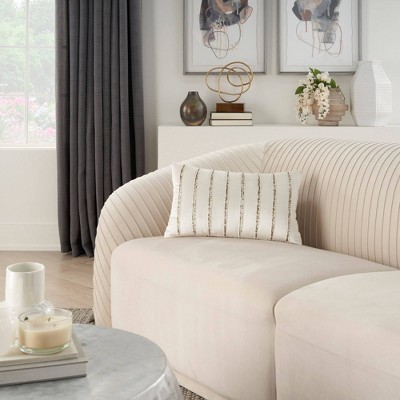 Ivory Beaded Striped Cotton Blend Lumbar Pillow