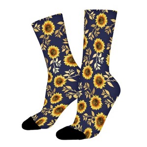 Yellow Gold Navy Sunflowers Leaves Women Printed Crew Socks Funny Funky Socks Soft Polyester Novelty Gifts for Artists Men - 1 of 1