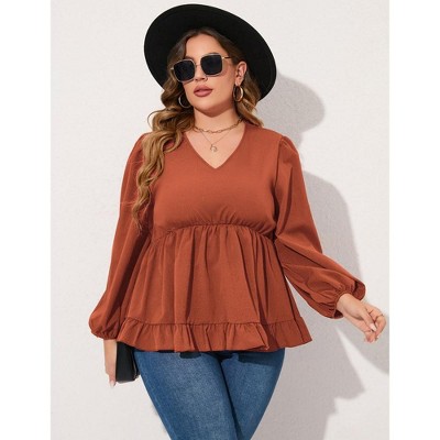 YesFashion Women's Plus Size Blouses V Neck Puff Sleeve Babydoll Tunic Long Sleeve Chiffon Casual Tops Ruffle Shirts