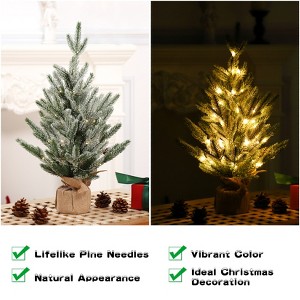 2ft (24 Inch) Pre-Lit Artificial Tabletop Christmas Tree – Green Frosted, Burlap Base, Miniature Pine Decor - 1 of 4