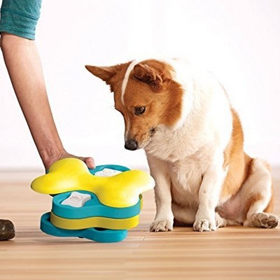 Blue and Yellow Interactive Dog Treat Dispenser Puzzle Toy