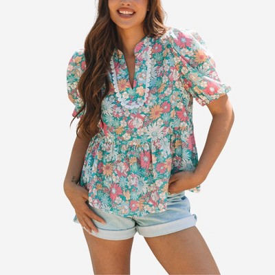 Amaryllis Women’s Floral Peplum Top Puff Short Sleeves Split Neckline Lace Trim Vibrant Pattern Relaxed Fit
