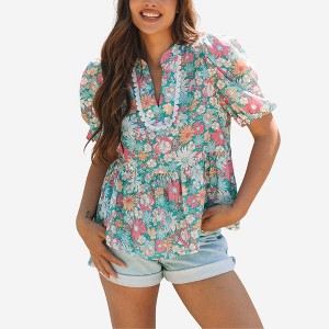 Amaryllis Women’s Floral Peplum Top Puff Short Sleeves Split Neckline Lace Trim Vibrant Pattern Relaxed Fit - 1 of 4