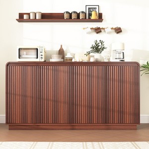 JVNOXK Walnut Fluted 4-Door TV Stand with Built-in Power Outlet