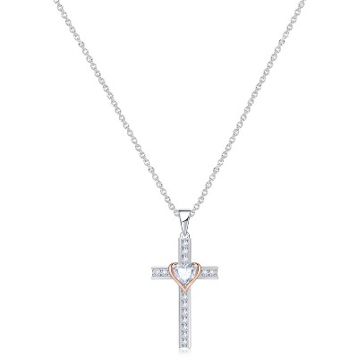 Molenia Birthstone Cross Necklace for Women, 925 Sterling Silver Heart Cross Pendant Necklace Fine Cross Jewelry Birthday Gifts for Her 18"+4" Inches