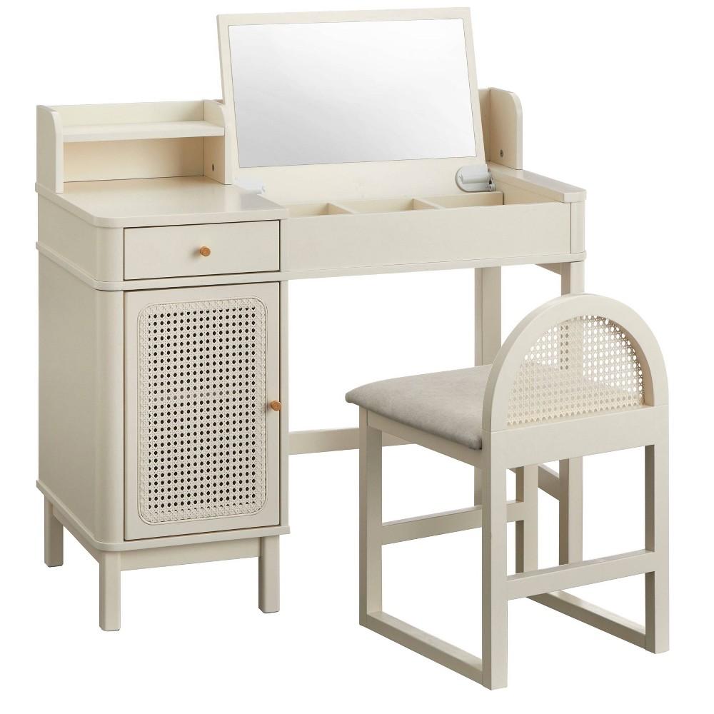 Lifestorey Bayview Faux Rattan Vanity Desk and Stool Ivory