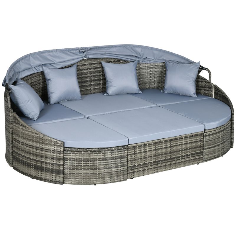 Outsunny Outdoor Round Daybed 4 Pieces Wicker Outdoor Rattan Sofa with Canopy, Cushions, Pillows Patio Bed Sets for Garden Backyard, 5 of 8