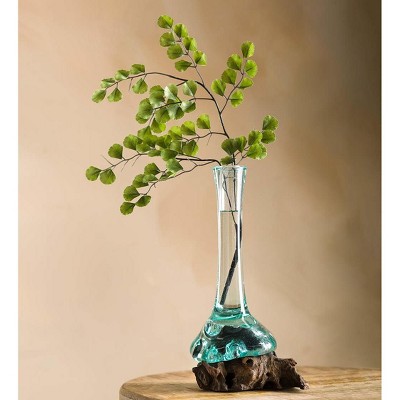 VivaTerra Teak and Blown Glass Tube Vase