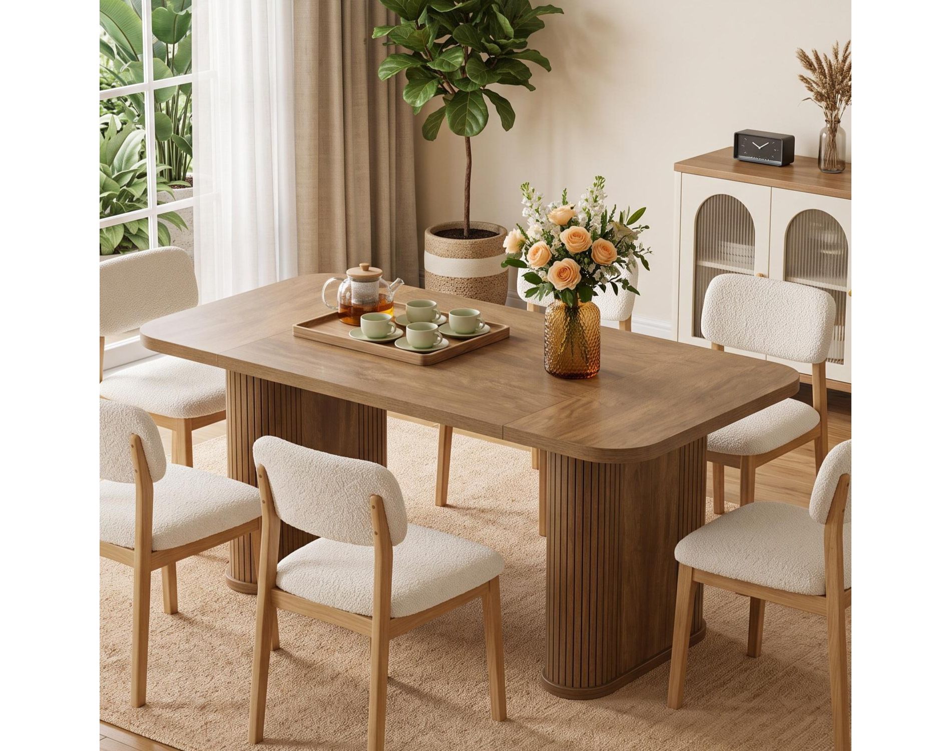 62" Long Dining Table for 4-6, Farmhouse Kitchen Table with Heavy Duty Fluted Base, Extra-Thickened Tabletop, for Dining Room, Office, Burlwood