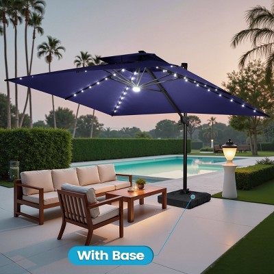 Crestlive Products 13FT Patio Cantilever Umbrella with Light Base Set Double Top High-strength Aluminum 360°Rotation 5 Heights Adjustable