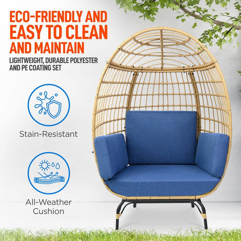 SereneLife Wicker Rattan Egg Chair, Indoor Outdoor Blue Sofa Chair for Patio Backyard and Living Room with 4 Cushions and Powder Coated Steel Frame, 5 of 10