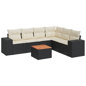 vidaXL 7 Piece Patio Sofa Set with Cushions Black and Cream Poly Rattan - Table + Corner + 3x Middle - 1 of 4