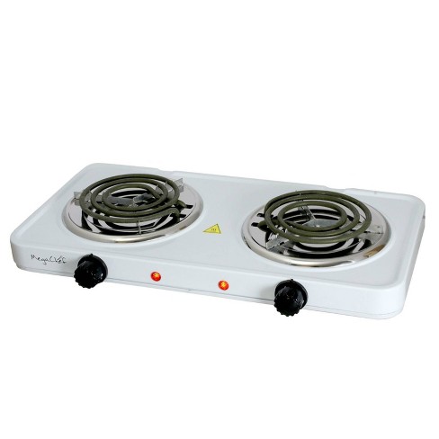 Proctor Silex Electric Stove, Double Burner Cooktop, Compact and Portable,  Adjustable Temperature Double Hot Plate, 1700 Watts, White & Stainless