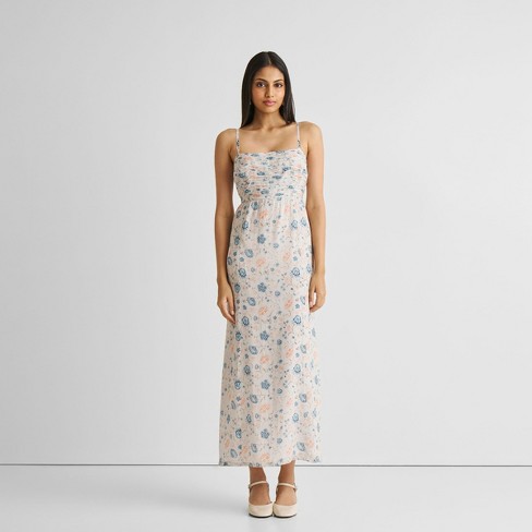 Reistor Women's Ruched Floral Strappy Maxi Dress Blue Small : Target
