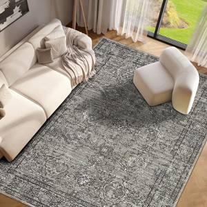 Vintage Floral Printed Distressed Rug for Living Room Retro Thin Washable Area Rugs for Bedroom Low Pile Non Slip Ultra Soft Carpet - 1 of 4