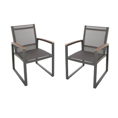Aubrey Gray Aluminum Outdoor Dining Chairs with Faux Wood Accents, Set of 2