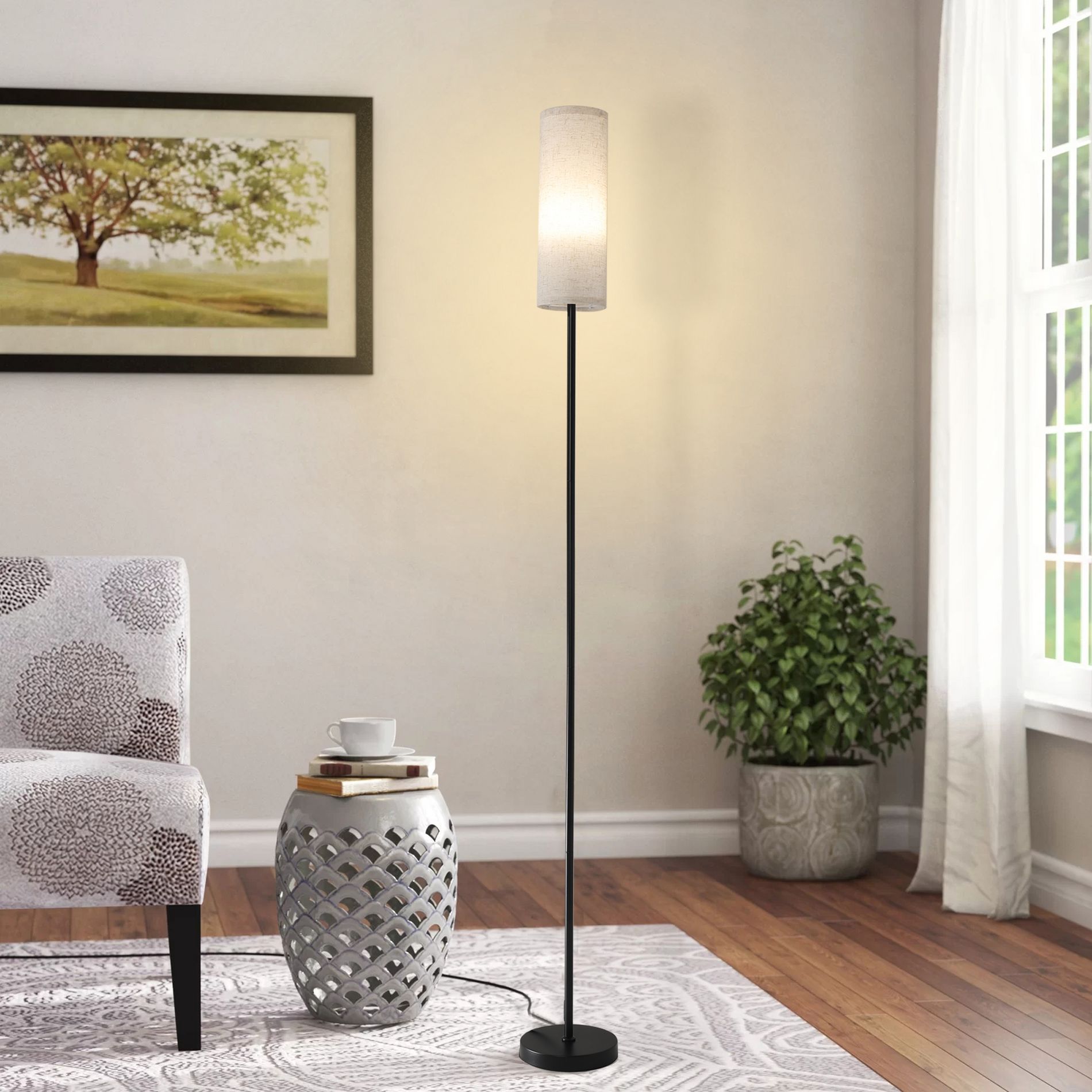 GDFStudio Thuella 69'' Modern Metal Floor Lamp with Fabric Shade, Black
